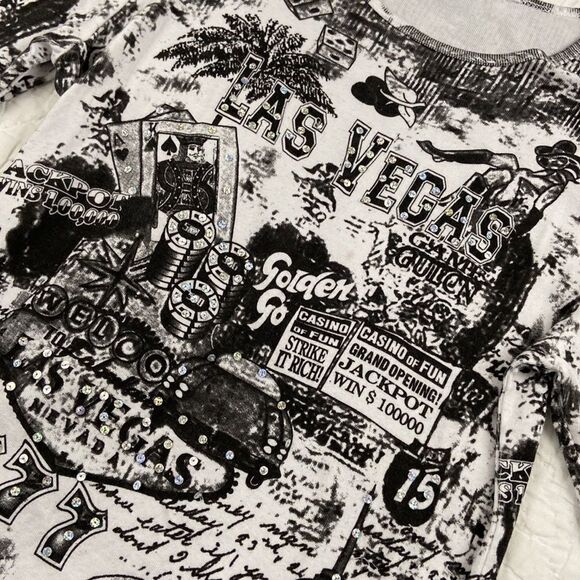 Vintage Take Two Las Vegas Bejeweled Quarter Sleeve Y2K Shirt - Picture 5 of 9